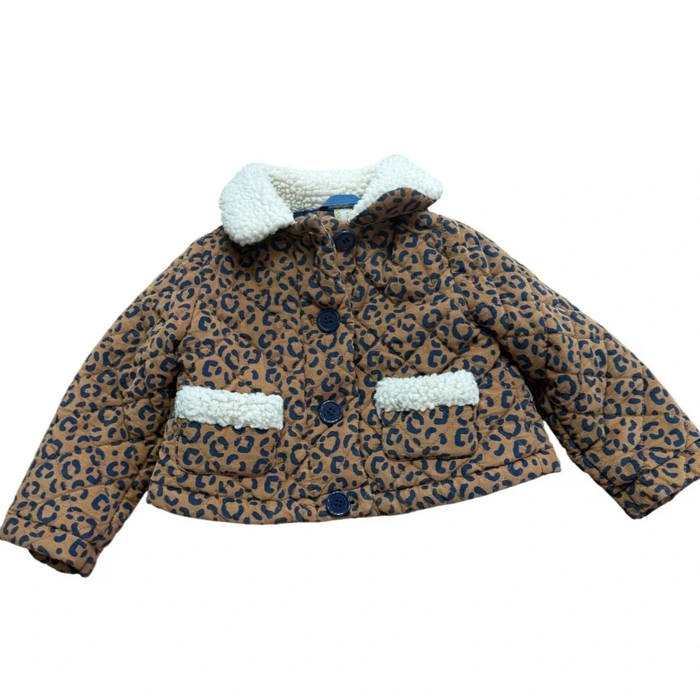 Mini Boden Girls Leopard Print Corduroy‎ Quilted Jacket Sherpa Lining Tan 2-3Y